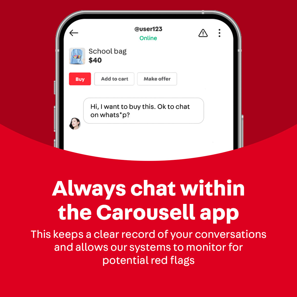 Illustration showing a phone with Carousell chats, advising users to always chat within the app.