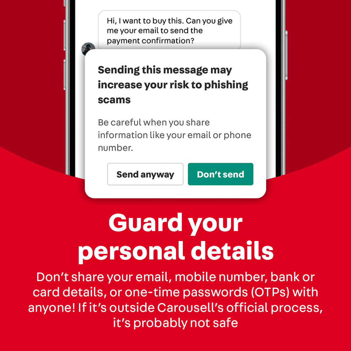 Carousell in-app warning against sharing personal details like email or phone number.