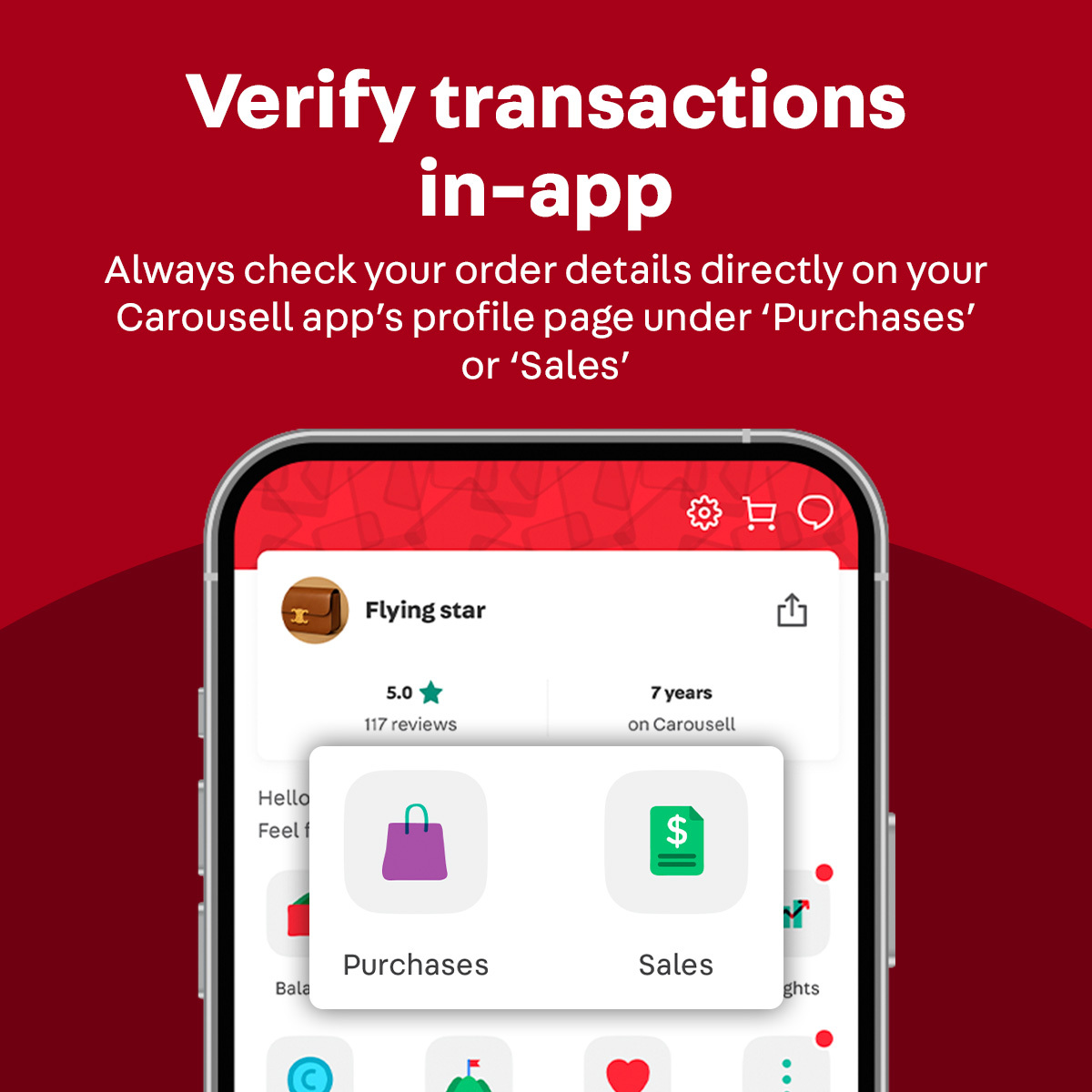 Screenshot of Carousell's Profile page to show that users can check order details under 'My Purchases' or 'My Sales'.
