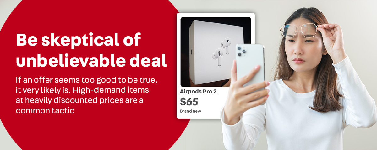 Image of a user looking skeptically at a phone displaying an offer for AirPods that seems too good to be true.