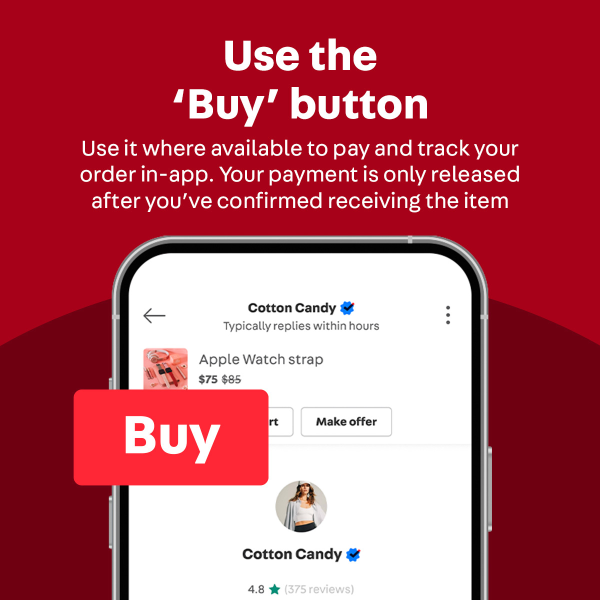 Screenshot of the Carousell app highlighting the 'Buy' button as a secure way to pay.