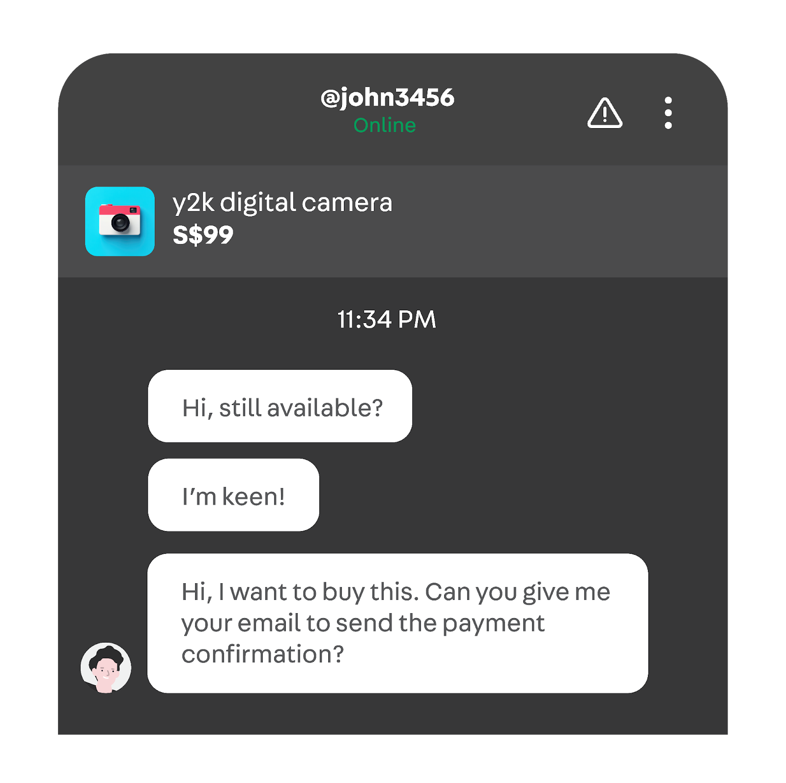 Step 1 of a phishing scam on Carousell: A scammer posing as a buyer asks for the seller's email to send a payment confirmation.