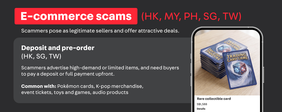 Infographic for e-commerce scams across Hong Kong, Malaysia, Philippines, Singapore, and Taiwan. The section on deposit and pre-order scams (specific to Hong Kong, Singapore, and Taiwan) features a mockup of a rare collectible card listing to demonstrate how scammers lure buyers into making upfront payments for limited items. The infographic also mentions that common targets are Pokémon cards, K-pop merchandise, event tickets, toys and games, and audio products.
