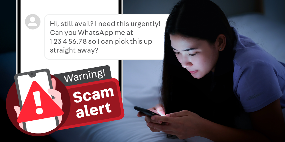 A user on their phone sees a “Scam alert” warning next to a suspicious Carousell message asking to move the conversation to WhatsApp. The message obscures the phone number using spaces and periods to evade Carousell’s detection tools.