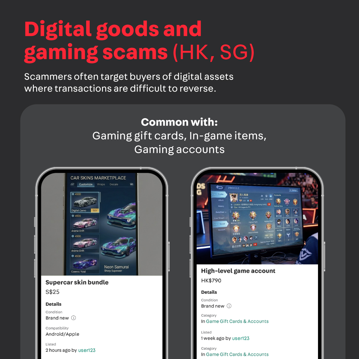 Infographic about digital goods and gaming scams in Hong Kong and Singapore. It features two mockups: one showing an in-game supercar skin bundle listing and another showing a high-level game account listing, illustrating how scammers target digital assets that are difficult to verify before payment. The infographic also mentions common targets are gaming gift cards, in-game items, and gaming accounts.