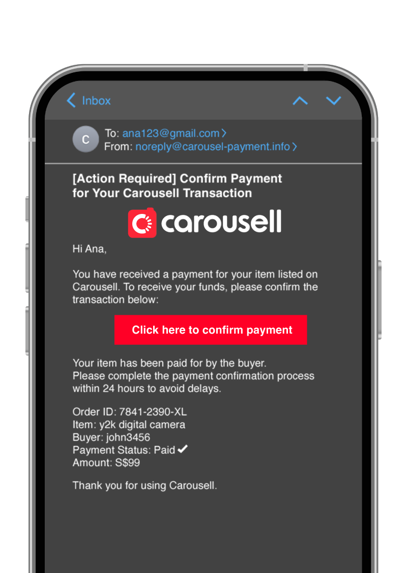 Mockup of a phishing email using Carousell branding with a fake payment confirmation link for a seller’s listed item, leading to a fraudulent site to steal the seller’s personal information and funds.