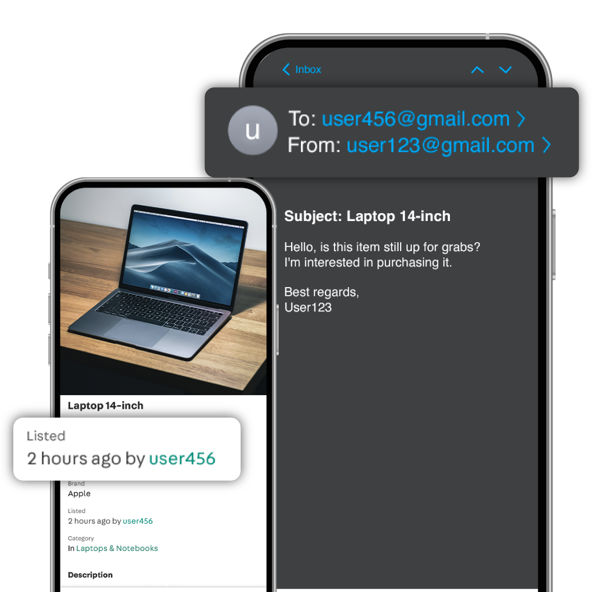 Side-by-side illustration of email impersonation showing a Carousell listing for a 14-inch laptop by “user456” on the left, and a phishing email sent to “user456@gmail.com” with the subject “Laptop 14-inch” on the right, demonstrating how scammers can guess a user’s email address based on their public username to make their inquiry seem legitimate.